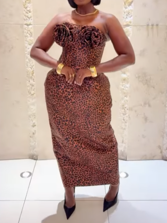 Leopard-Print Floral Strapless Dress