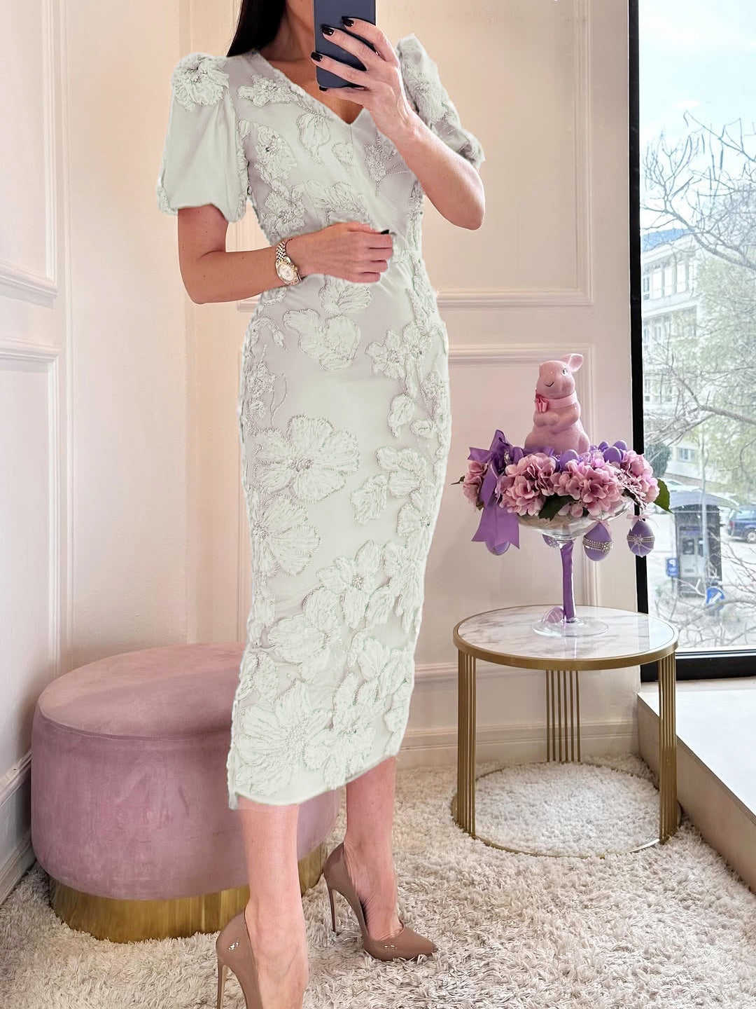 V Neck Embroidered Flowers Bodycon Midi Dress
