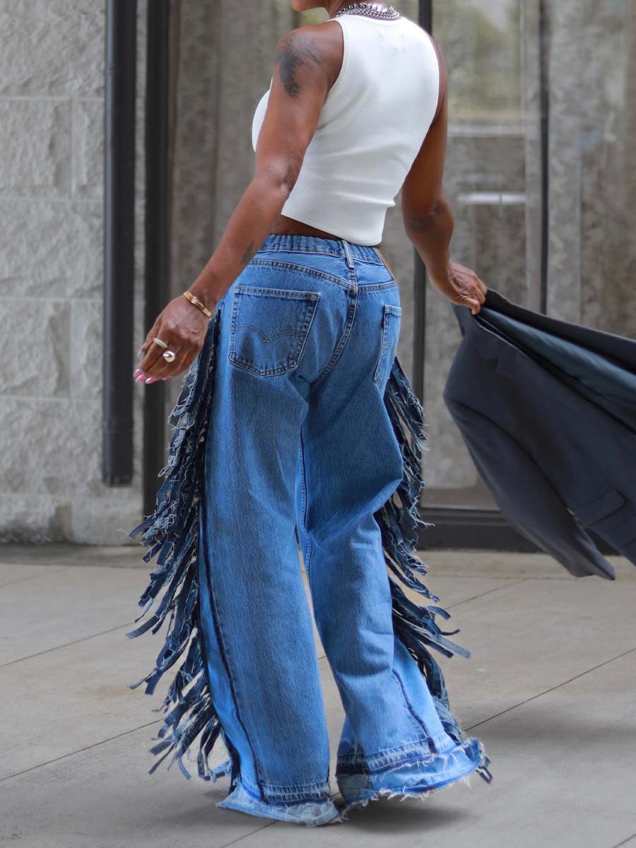 Denim Wide Leg Fringe Jeans