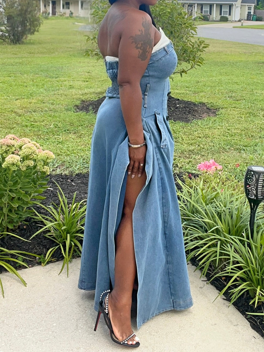 Denim Strapless Split Dress