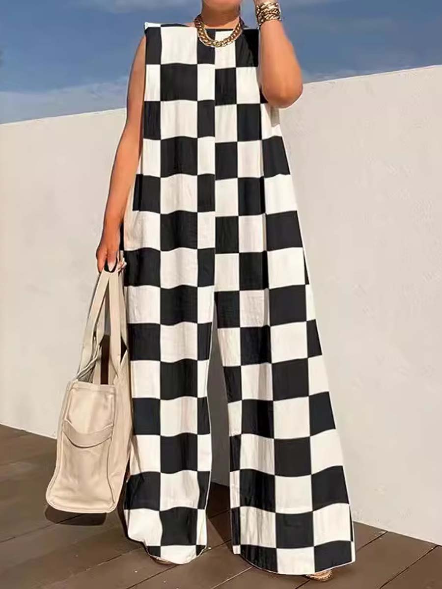 Fashion Check Color Stitching Jumpsuit