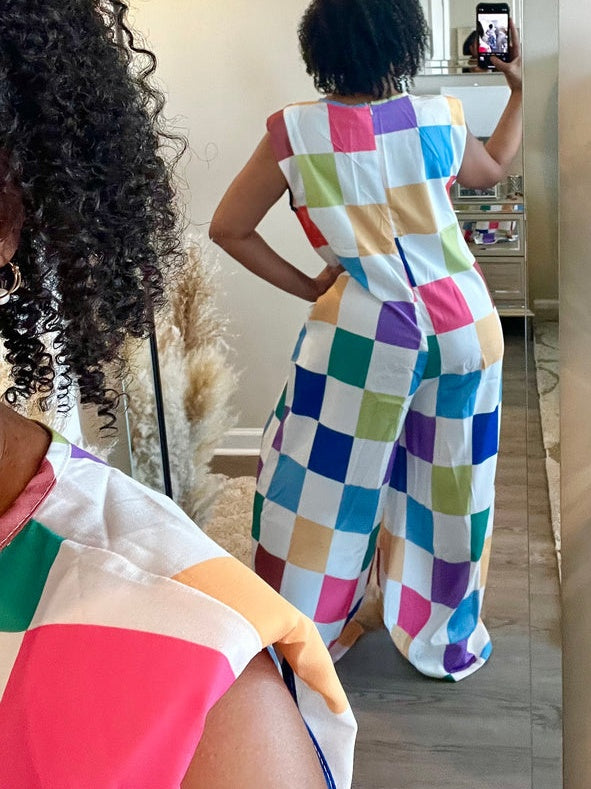 Fashion Check Color Stitching Jumpsuit