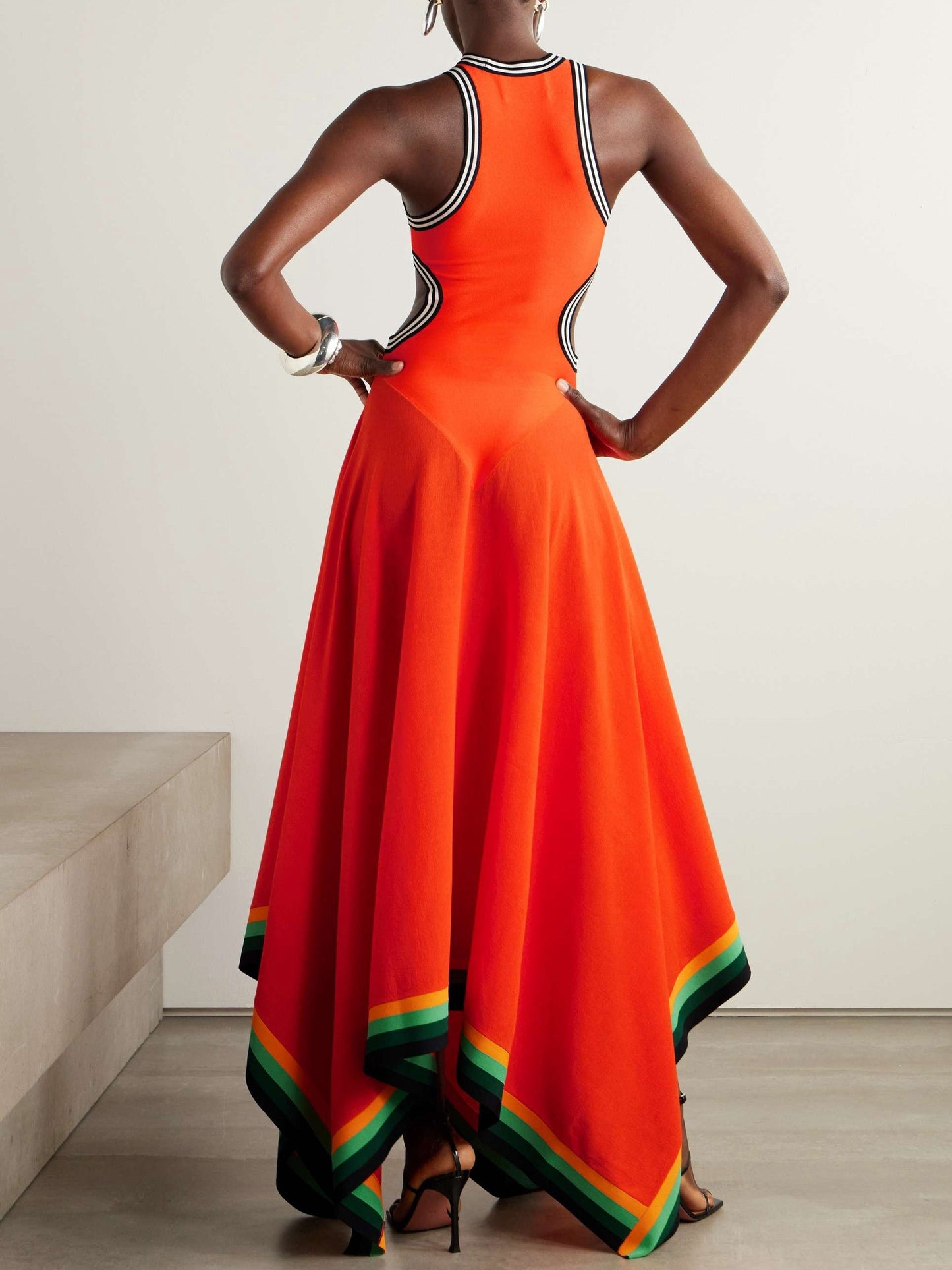 Striped Cutout Handkerchief-Hem Maxi Tank Dress