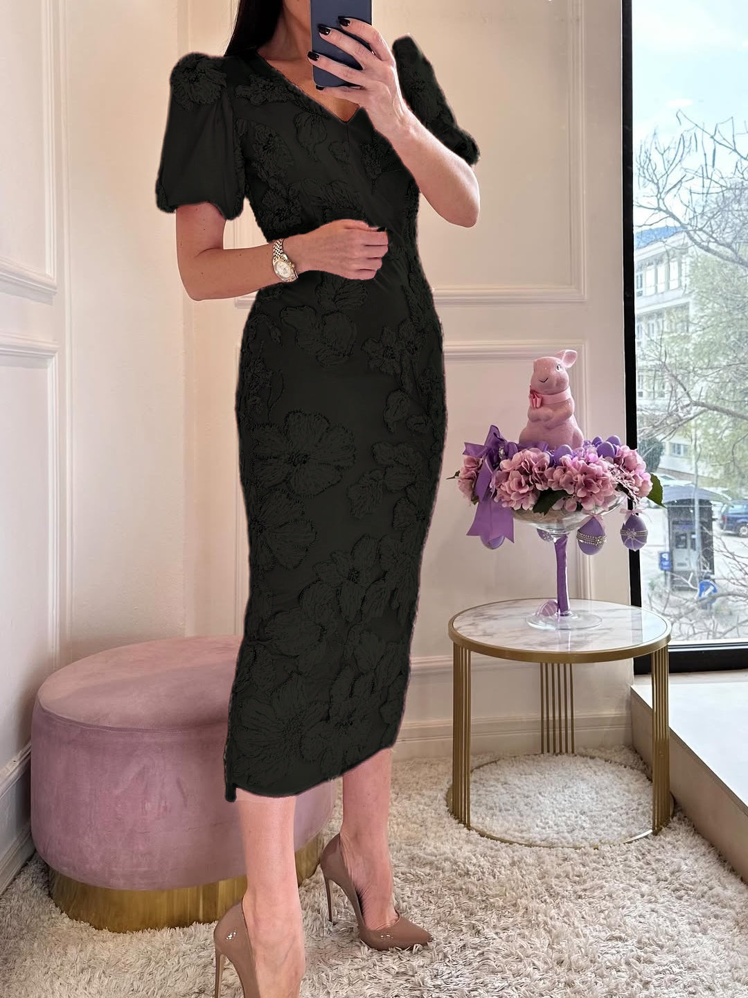 V Neck Embroidered Flowers Bodycon Midi Dress