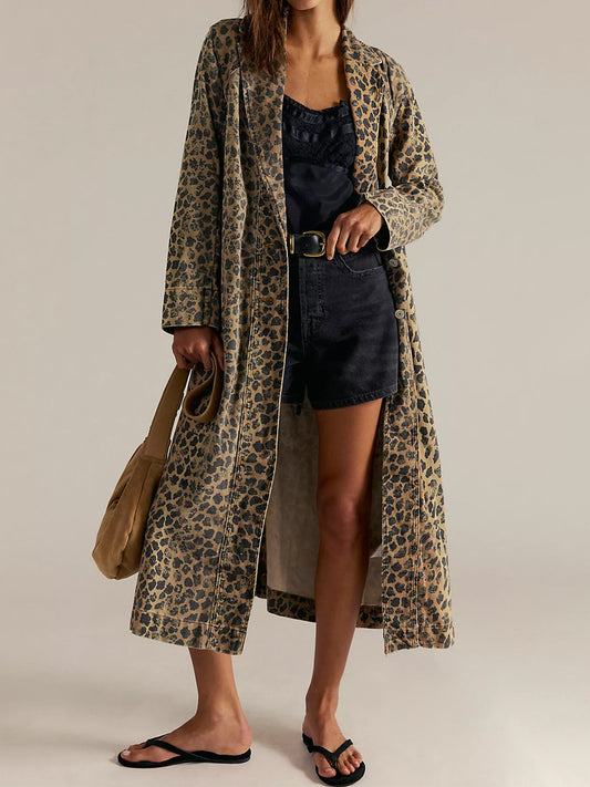 Leopard Print Wide Lape Long Coat