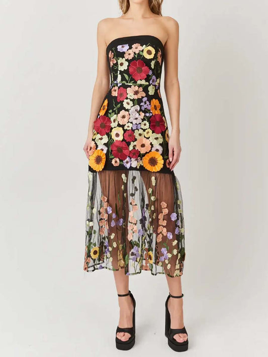 3D Floral Strapless Maxi Dress