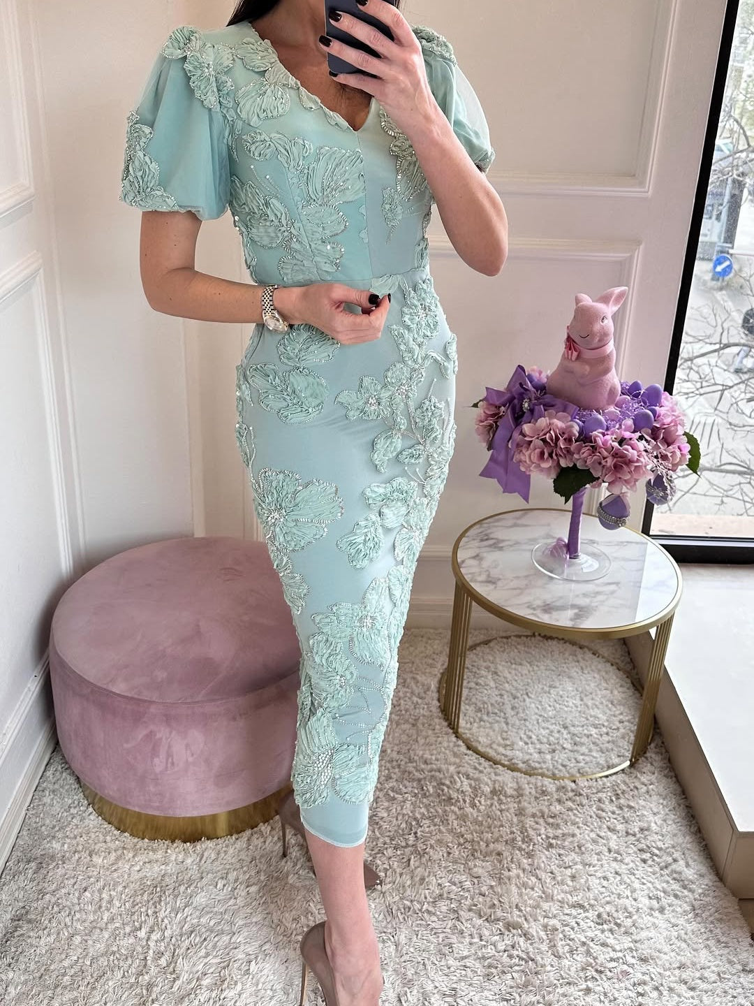 V Neck Embroidered Flowers Bodycon Midi Dress
