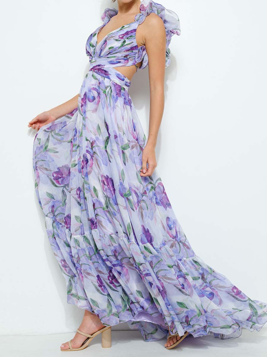 Printed Ruffled Sleeveless Lace-Up Dress
