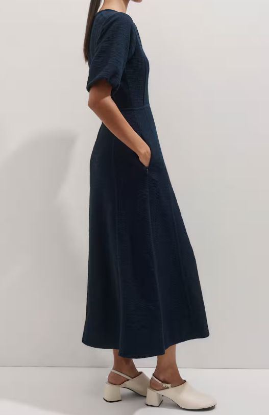 Adjustable Neckline Demure Navy Dress
