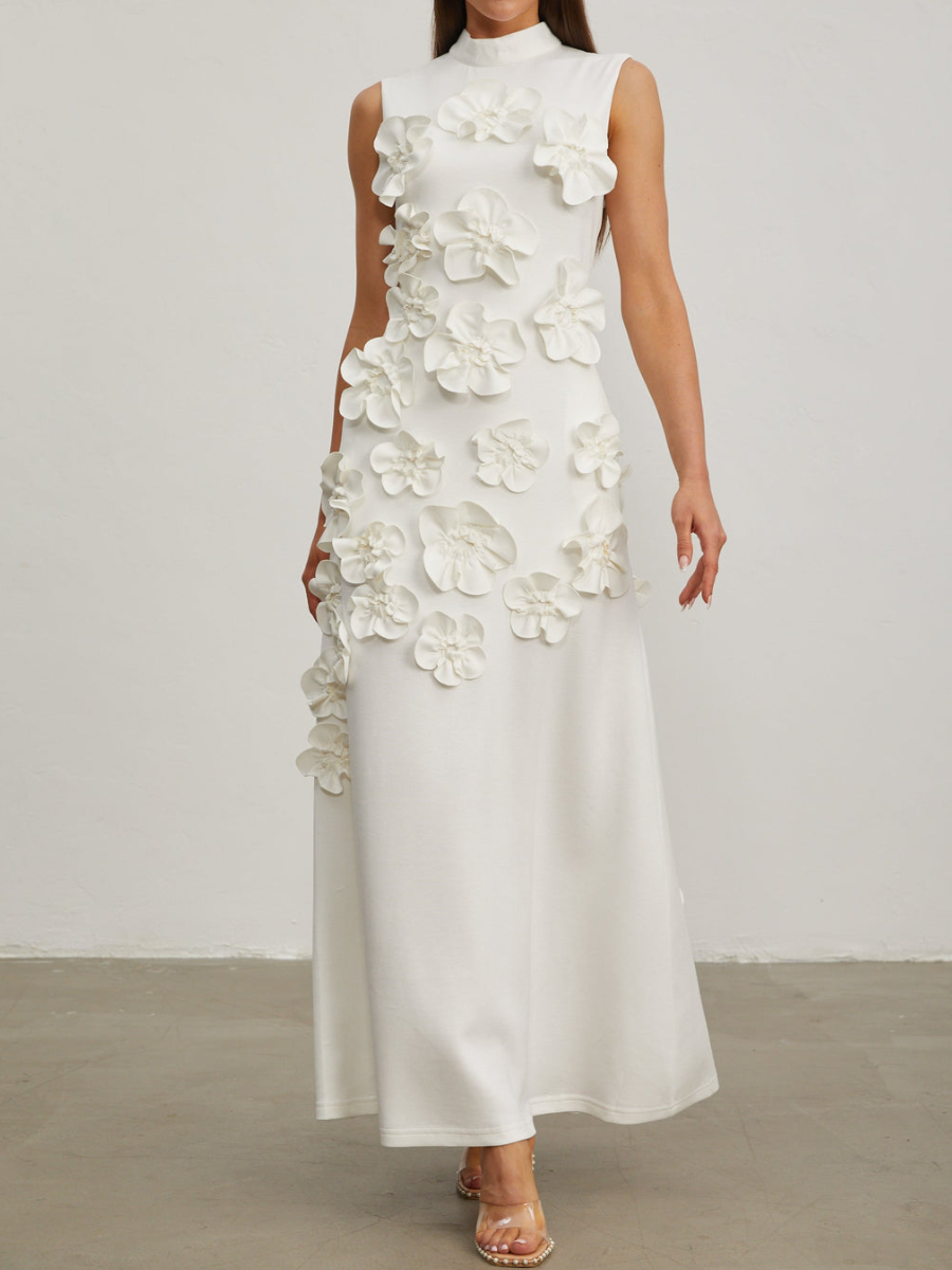 High Collar Stereo Flower Dress