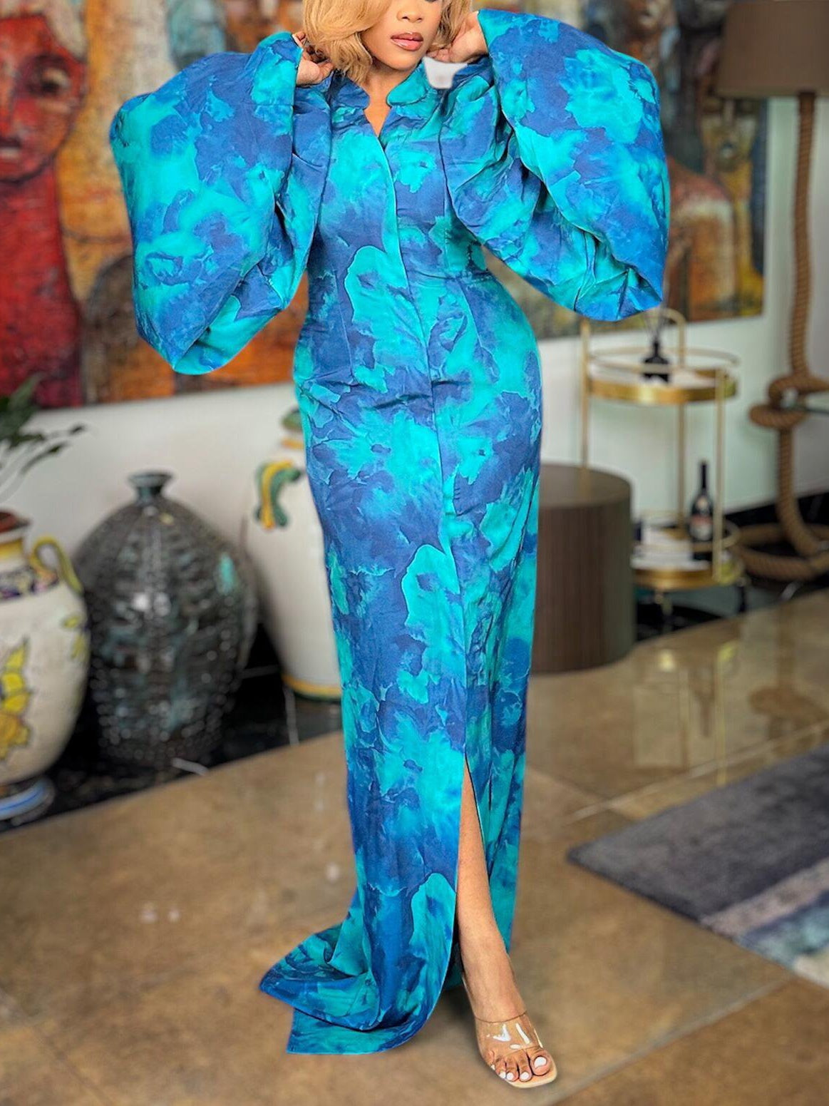 Blue Printed Maxi Dress