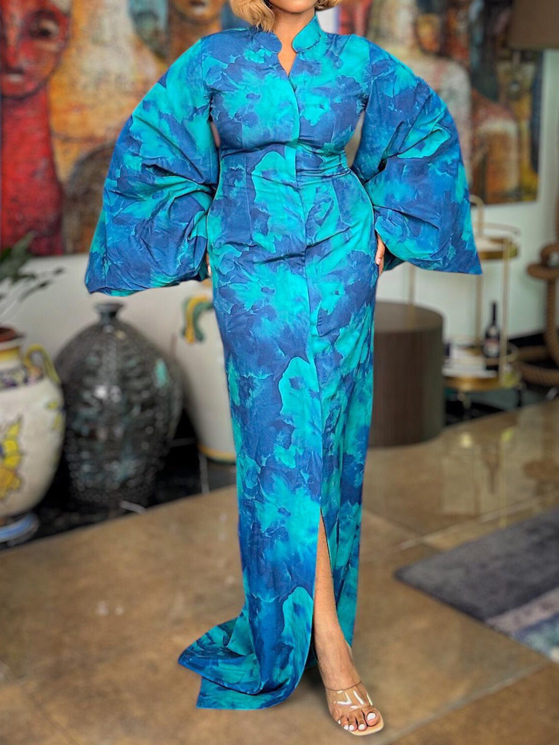 Blue Printed Maxi Dress