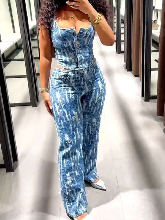Printed Denim Pants Suit