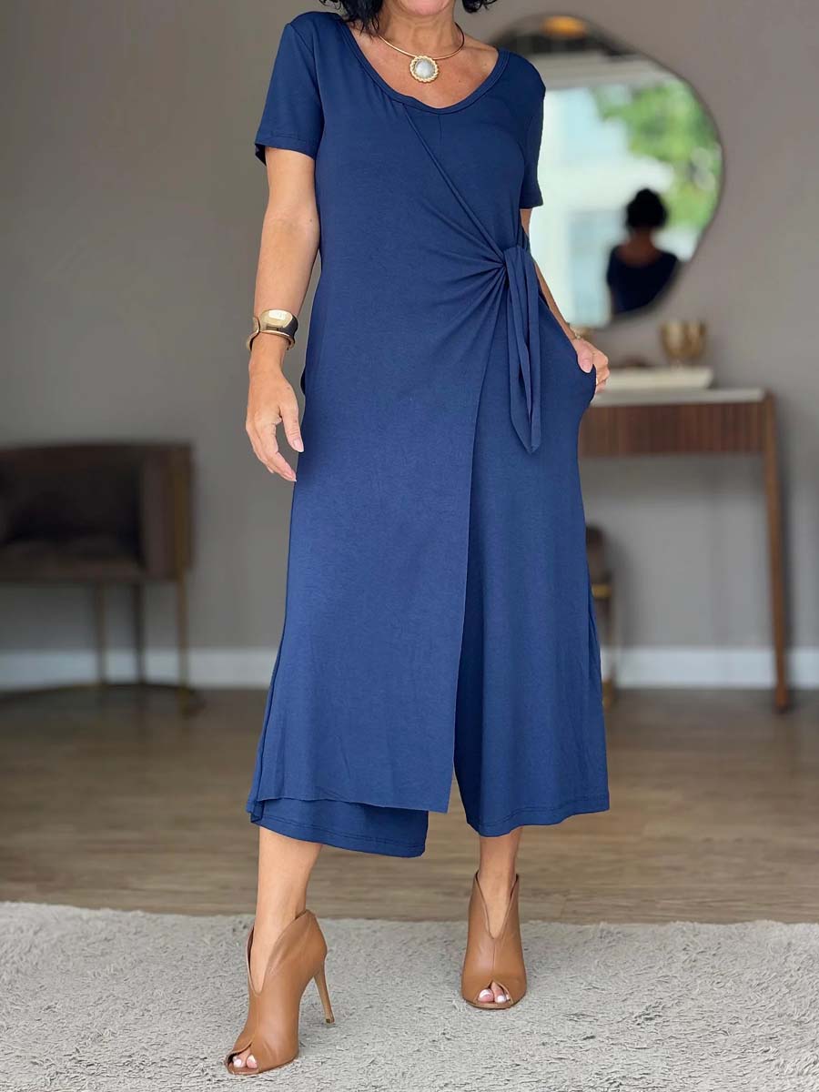 Casual V Neck Knnotted Jumpsuit