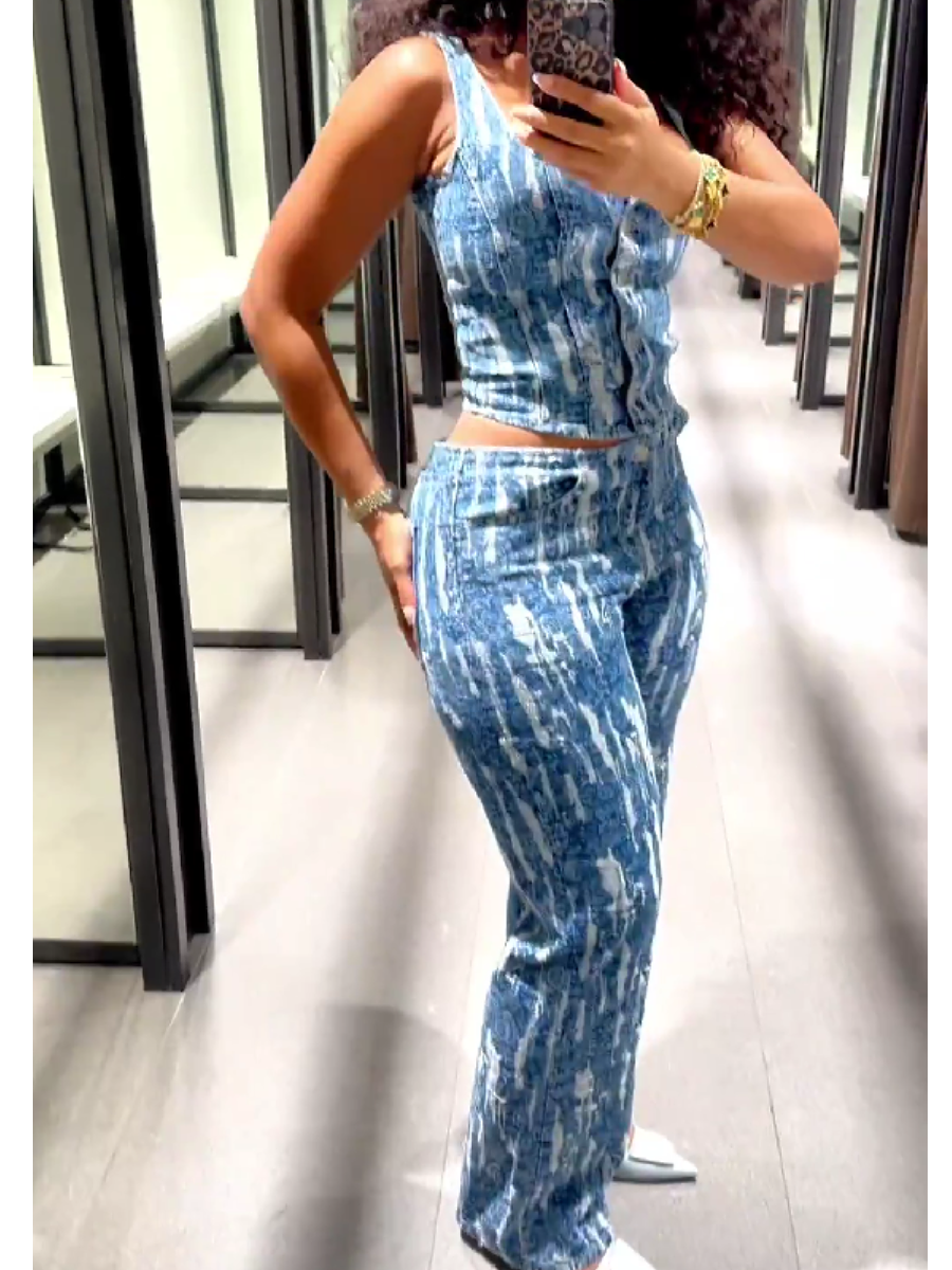 Printed Denim Pants Suit