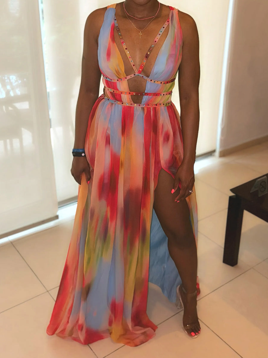 Deep V-Neck Print Cutout Dress