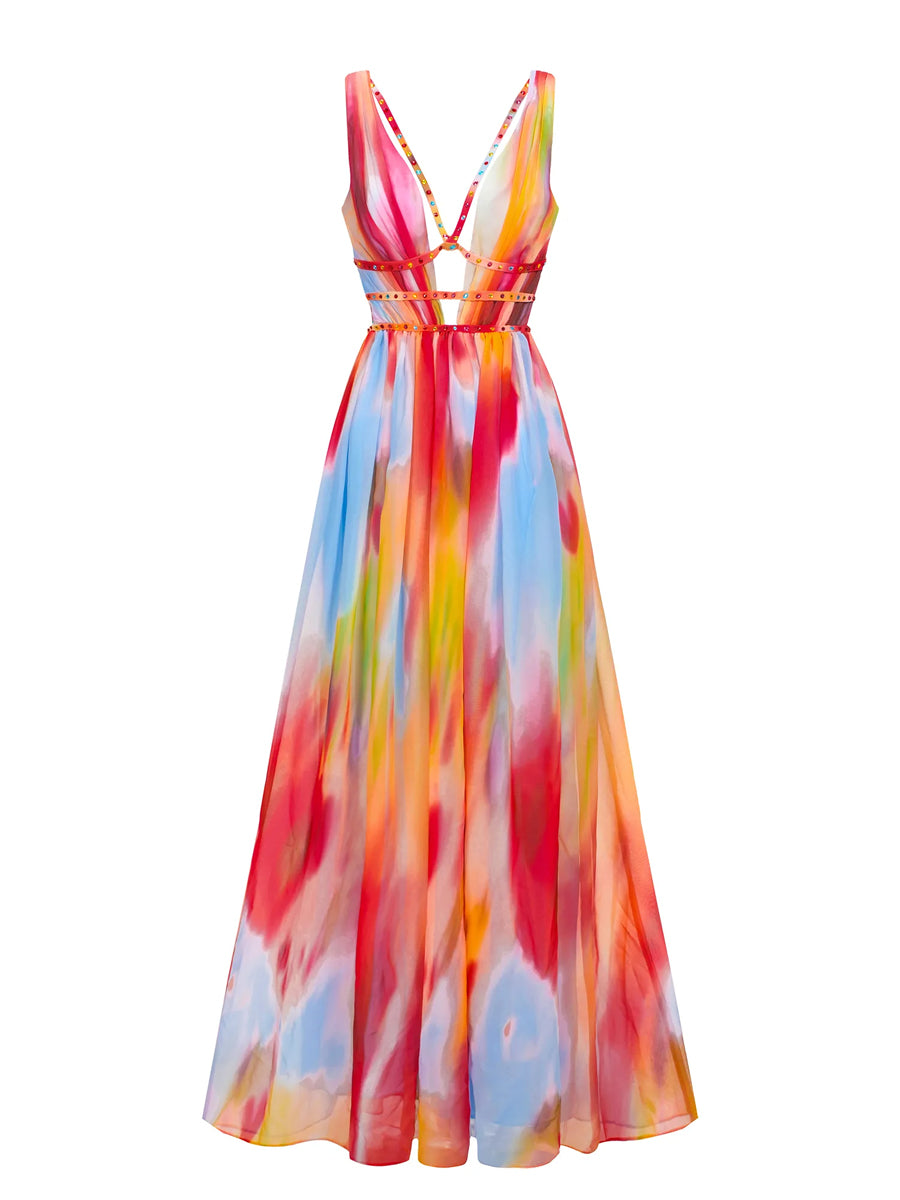 Deep V-Neck Print Cutout Dress