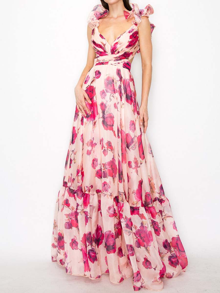 Printed Ruffled Sleeveless Lace-Up Dress
