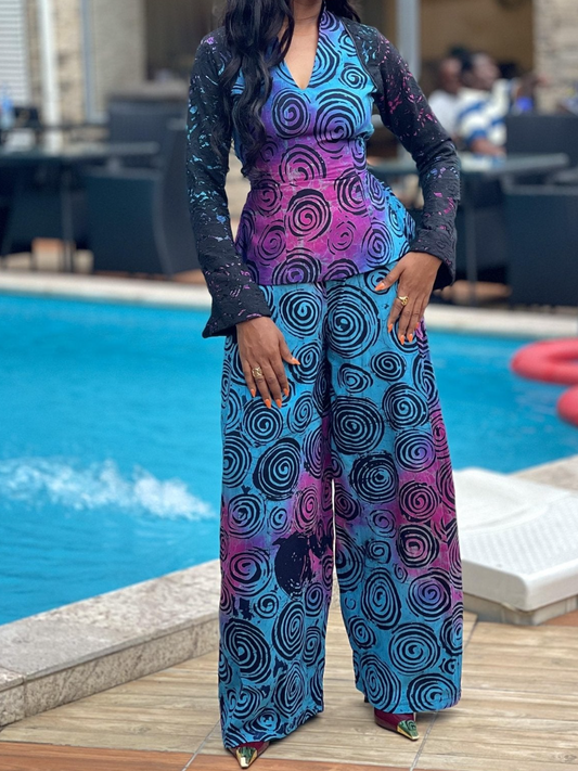 Lace-up Decorative Print Pants Set