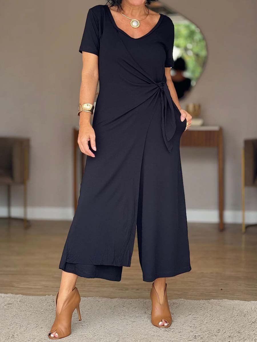 Casual V Neck Knnotted Jumpsuit