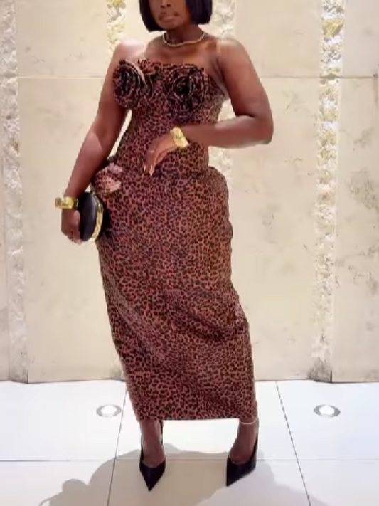 Leopard-Print Floral Strapless Dress