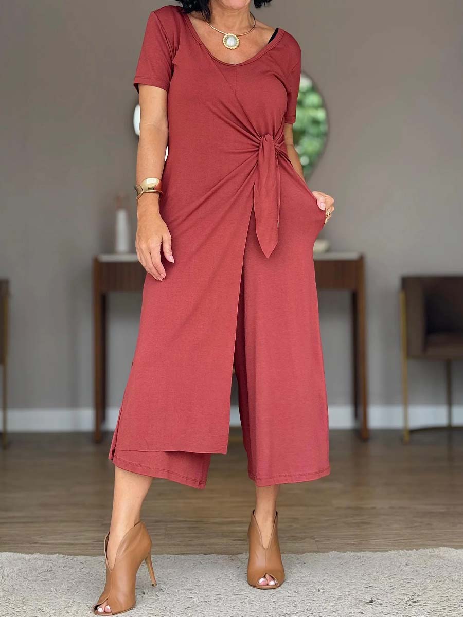 Casual V Neck Knnotted Jumpsuit