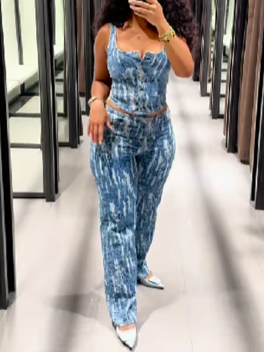 Printed Denim Pants Suit