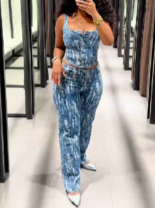 Printed Denim Pants Suit