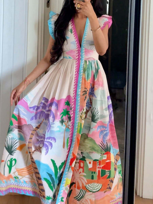 Deep V Neck Printed Maxi Dress