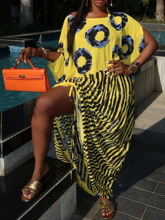 Striped Print Tie Up Loose Maxi Dress